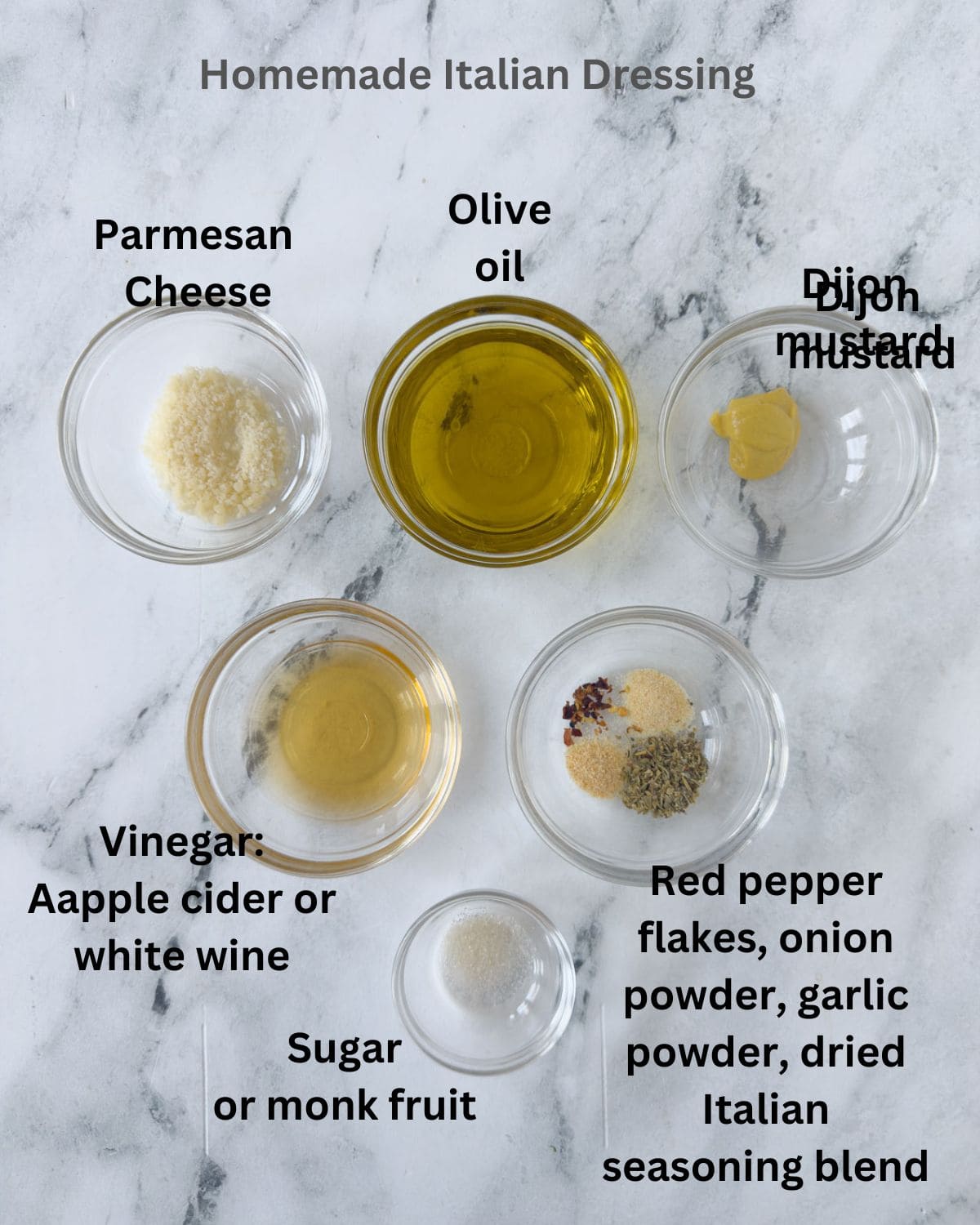 Ingredients for homemade Italian dressing ready to be combined and shaken.