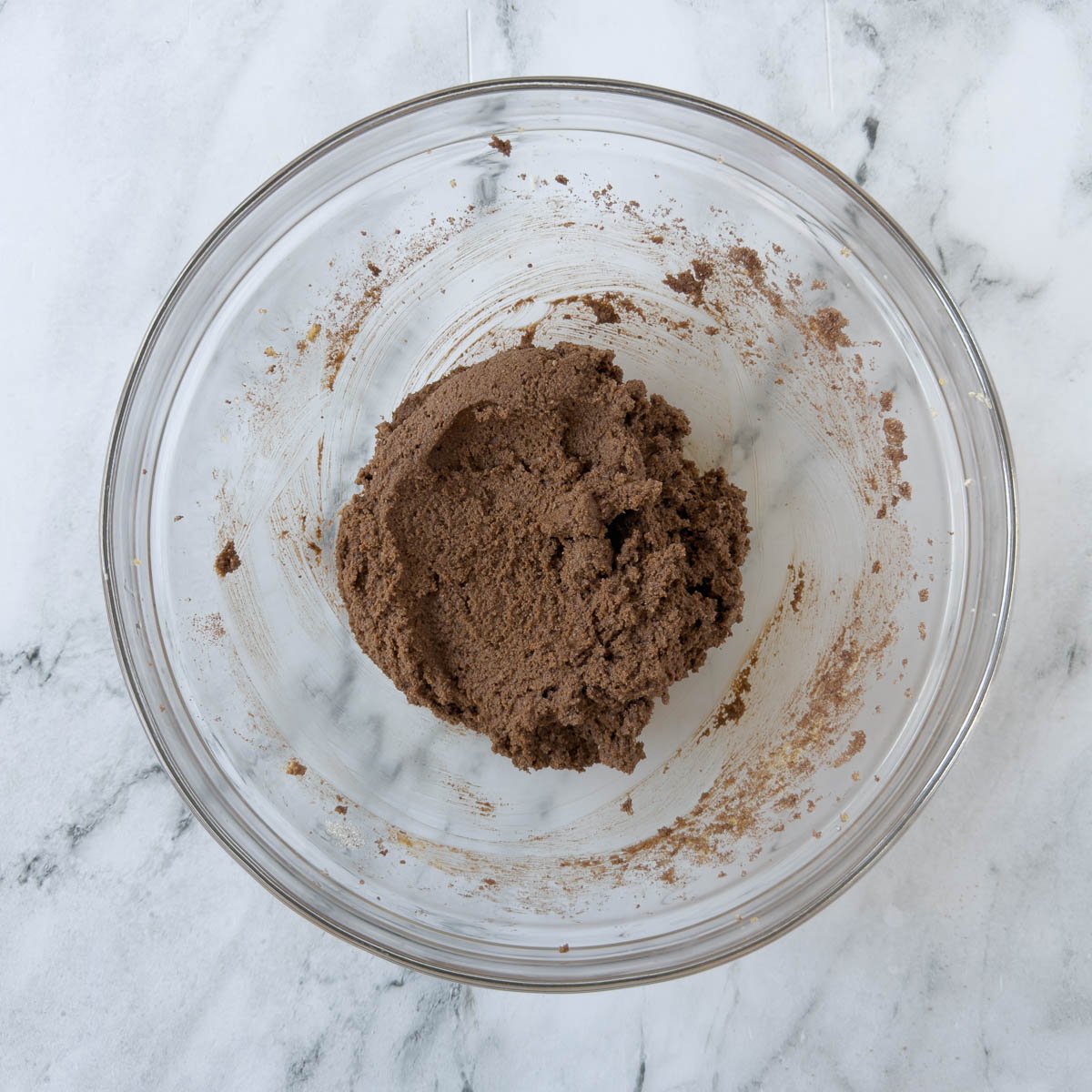 Chocolate almond flour cookie dough ready for portioning and baking.