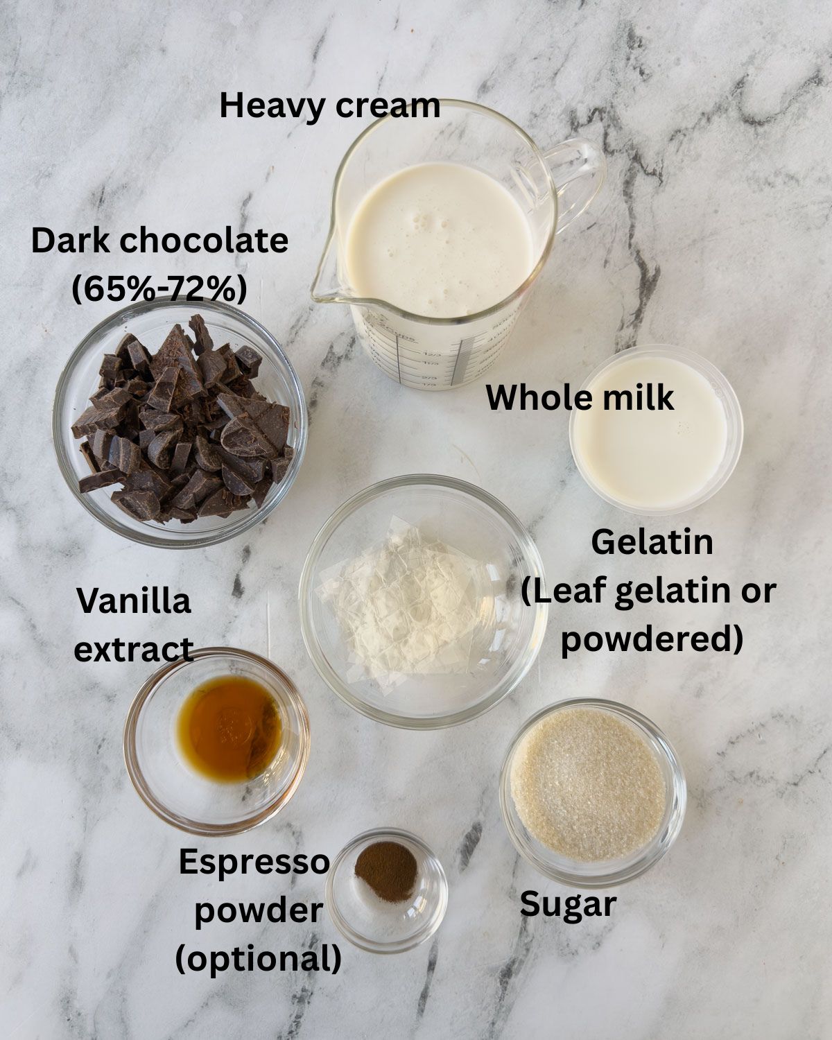 Heavy cream, chocolate, milk, vanilla, and sugar for making chocolate panna cotta. 