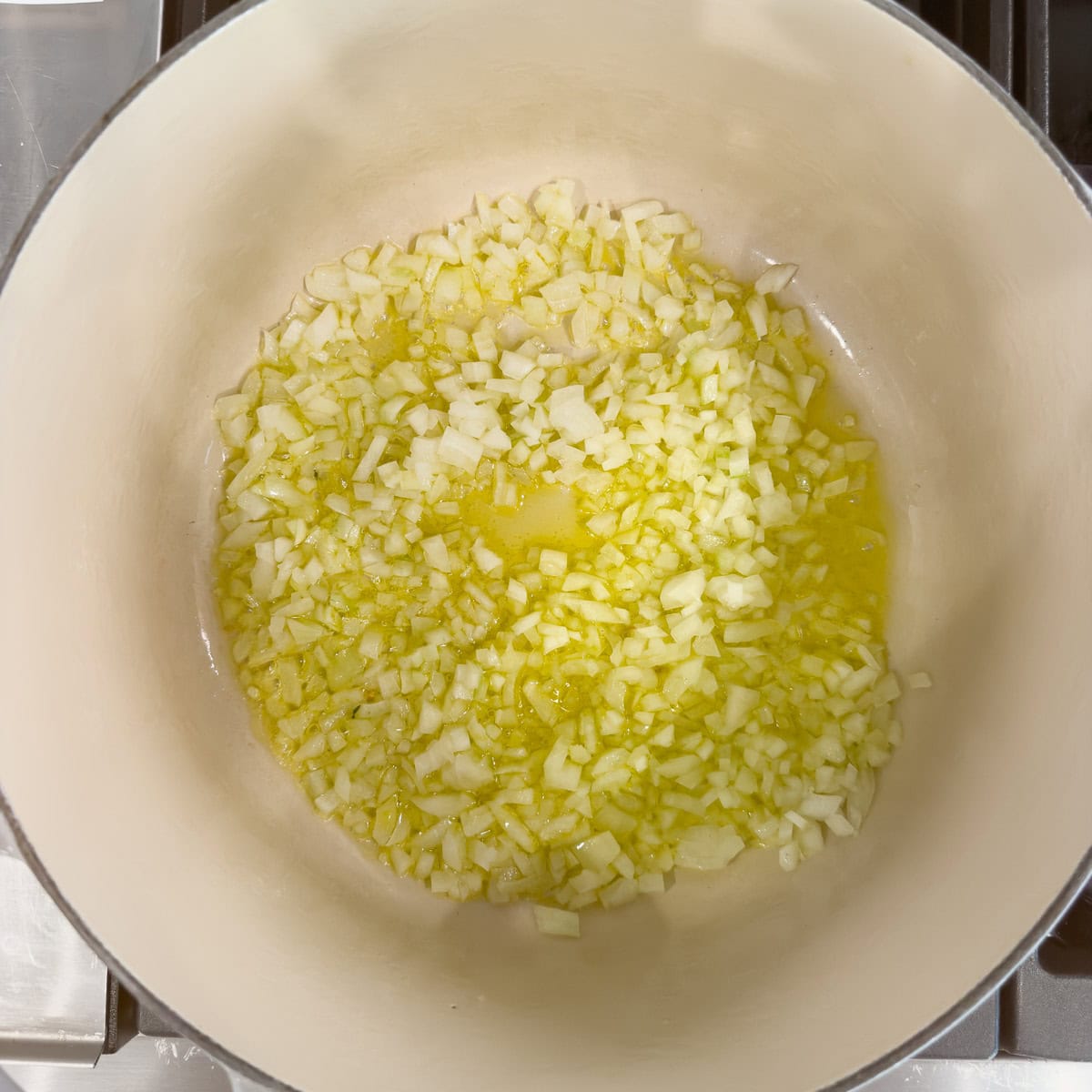 Sautéing onions and garlic in a dutch oven.