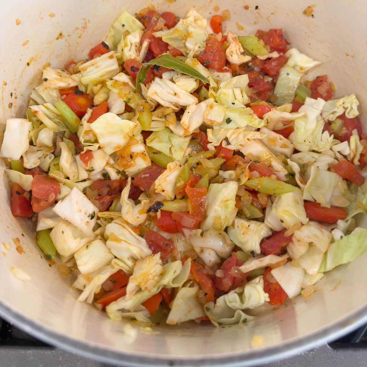 Chopped carrots, celery, onion, and cabbage in a pot.