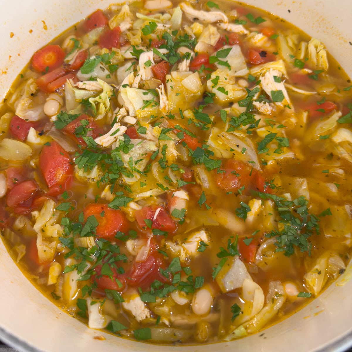 Adding fresh green parsley as garnish to a pot of chicken , vegetables, and white beans soup.