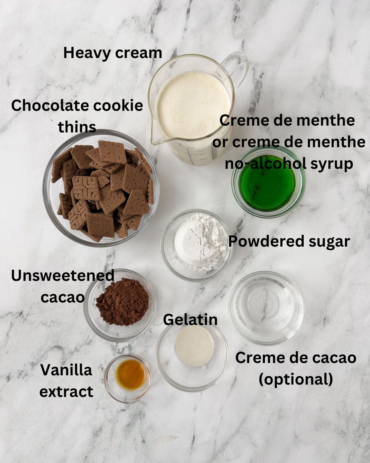 Ingredients for grasshopper pie dessert cups in prep bowls.