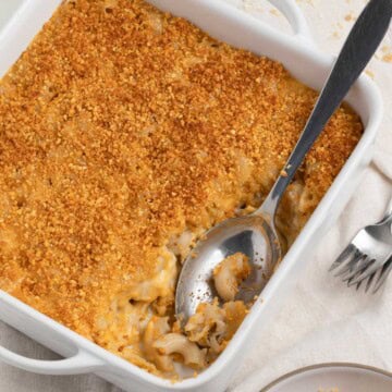 Gluten-free mac and cheese, baked with a Parmesan crust topping.