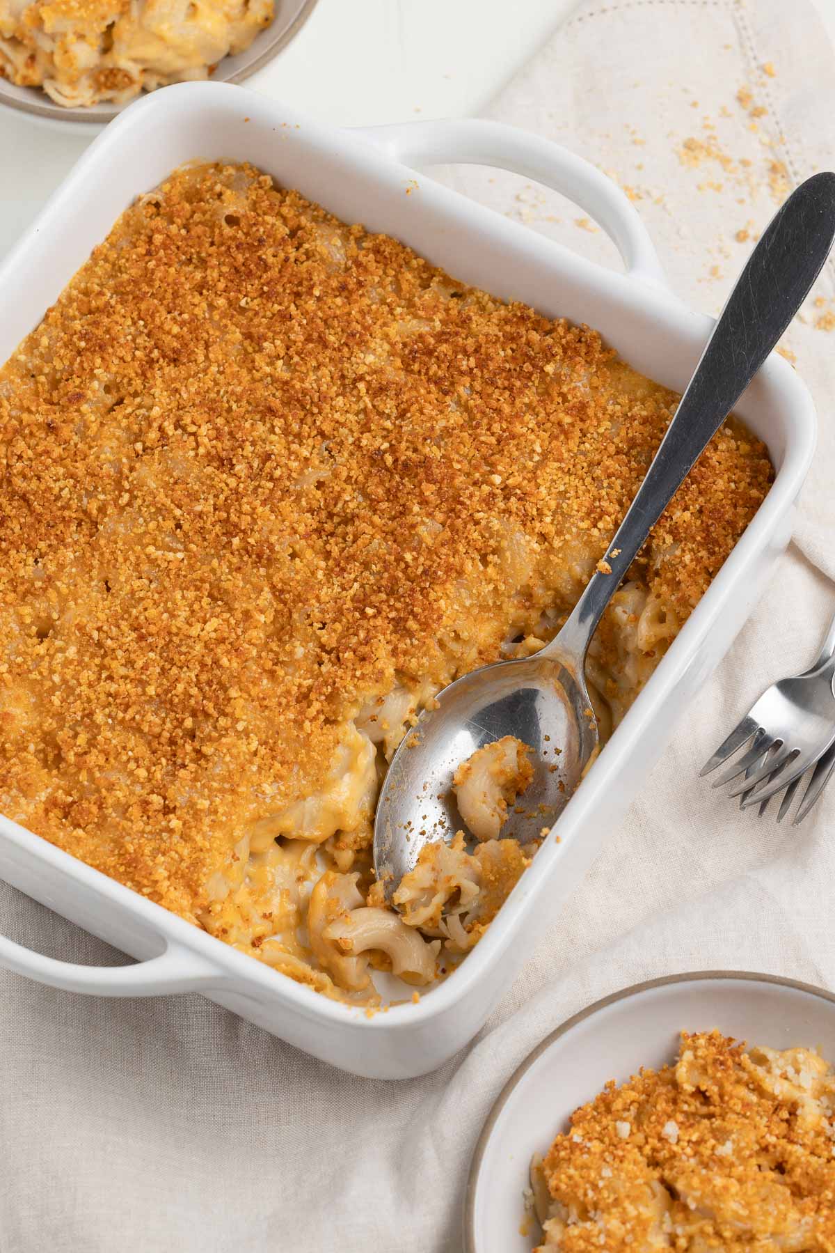 A casserole of golden crusty topped mac and cheese with a silver serving spoon.