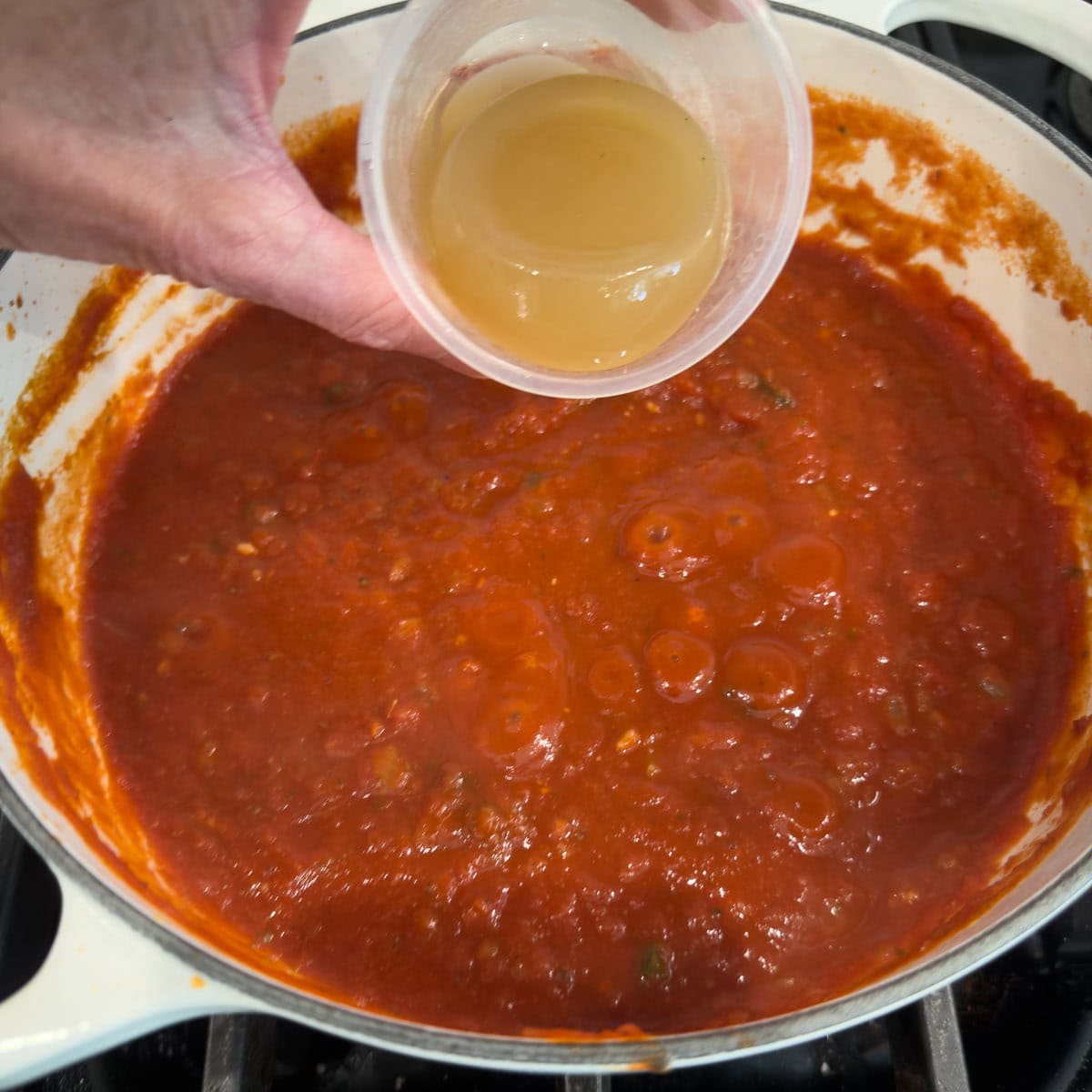 Adding chicken broth to a pot of tomatoes, onions, herbs, and spices for a sauce.