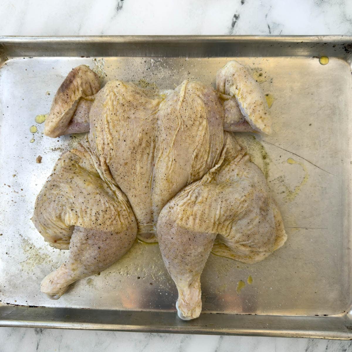 Whole spatchcocked chicken seasoned and ready to roast.