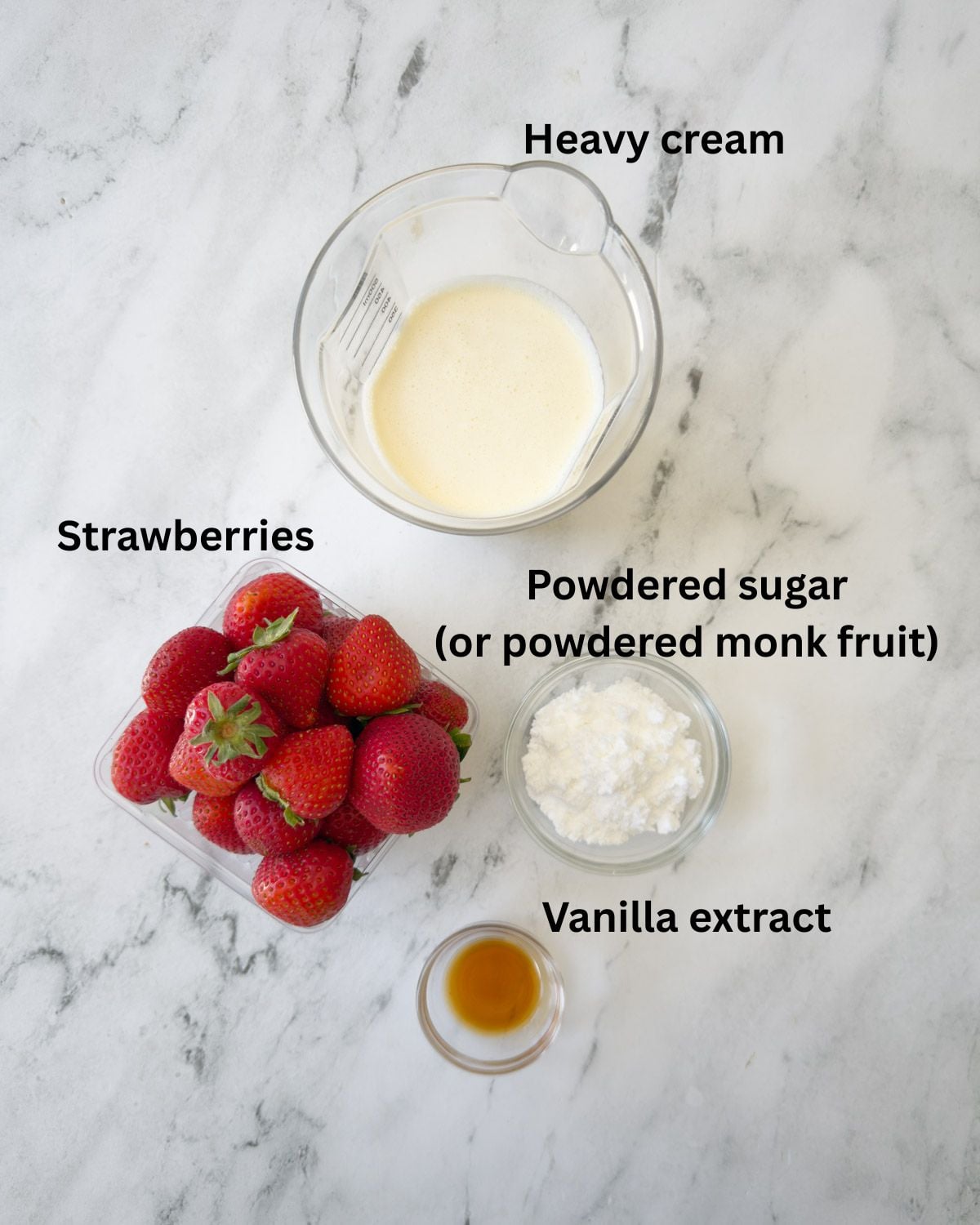 Whipping cream, fresh strawberries, powdered sugar, and vanilla to top a strawberry shortcake.