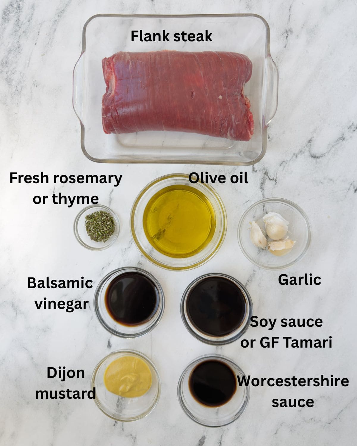 Ingredients for grilled steak and flank steak marinade on a counter.