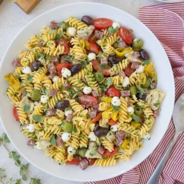 A bowl of antipasto salad with pasta, herbs, tomatoes, mozzarella pearls, and olives.