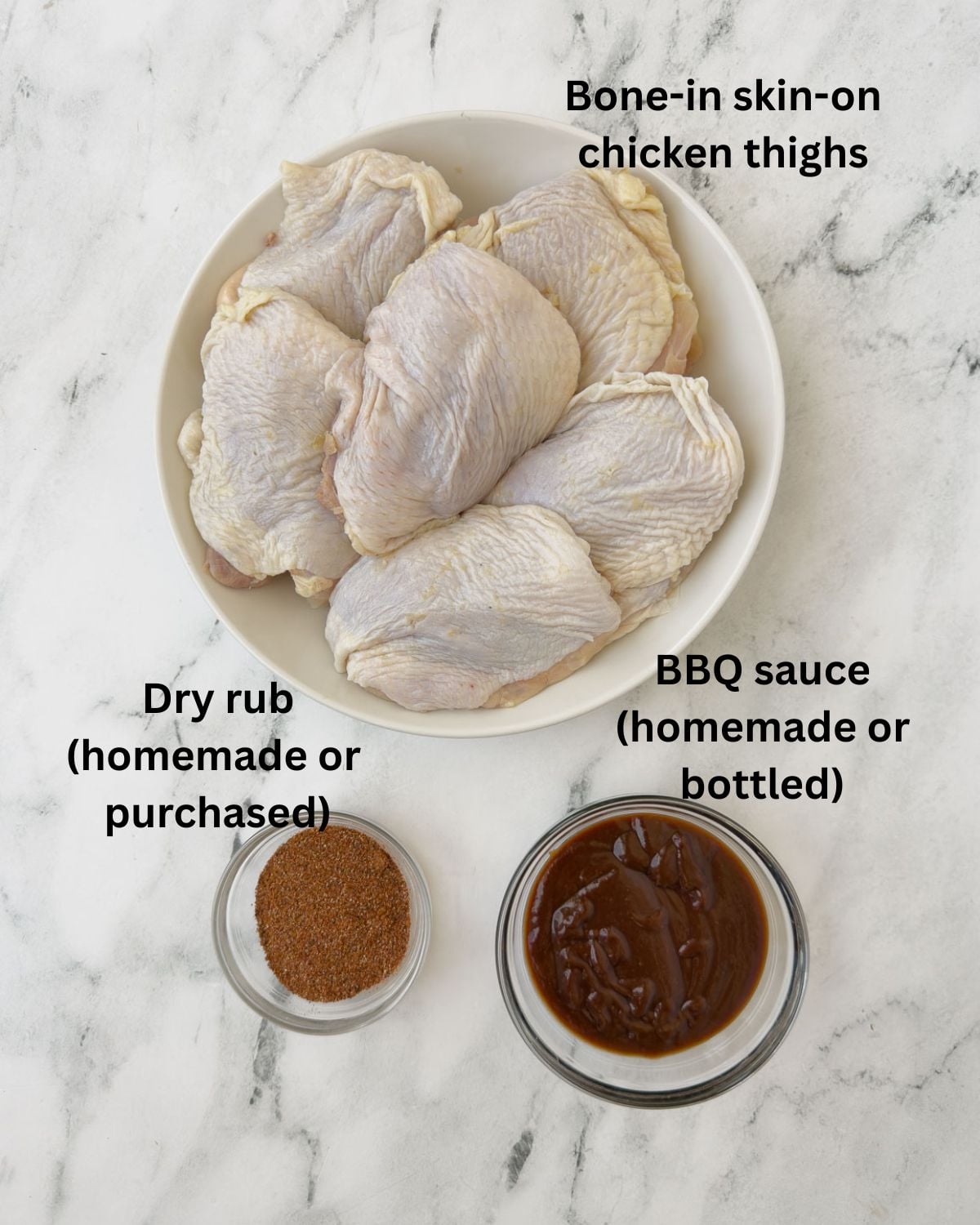 Bone-in skin on chicken thighs, dry rub, and bbq sauce for smoked chicken thighs in prep bowls.
