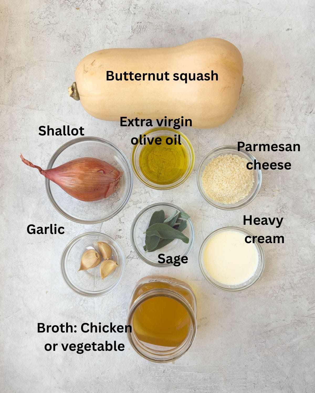 Ingredients for butternut squash pasta sauce on a counter.