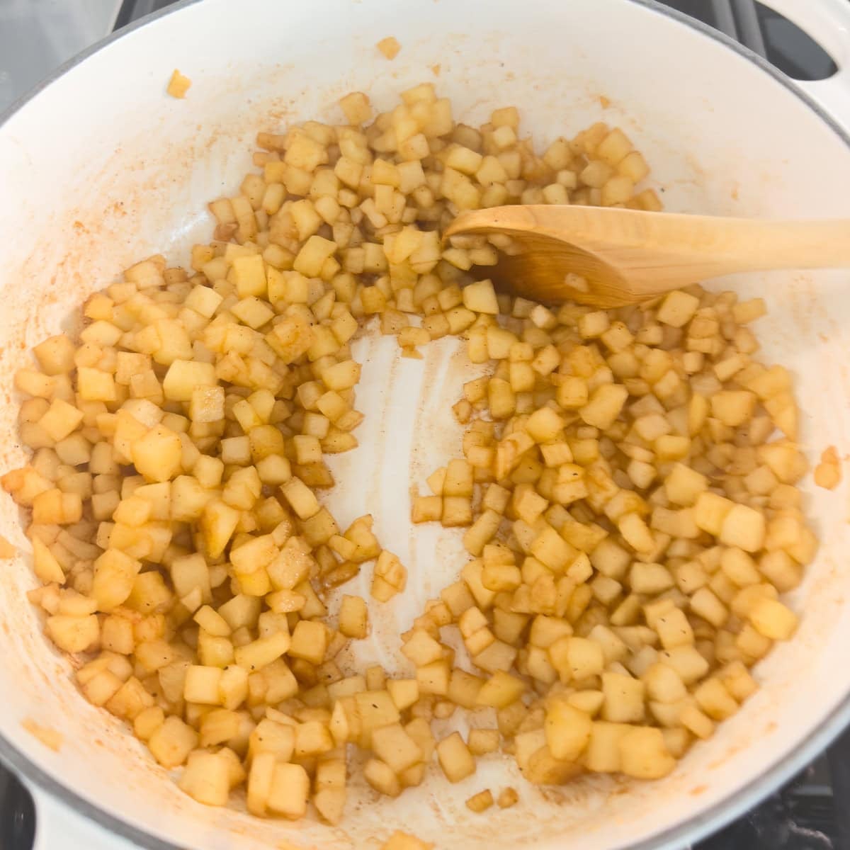 Cooked apple turnover filling with apples, sugar, spices.