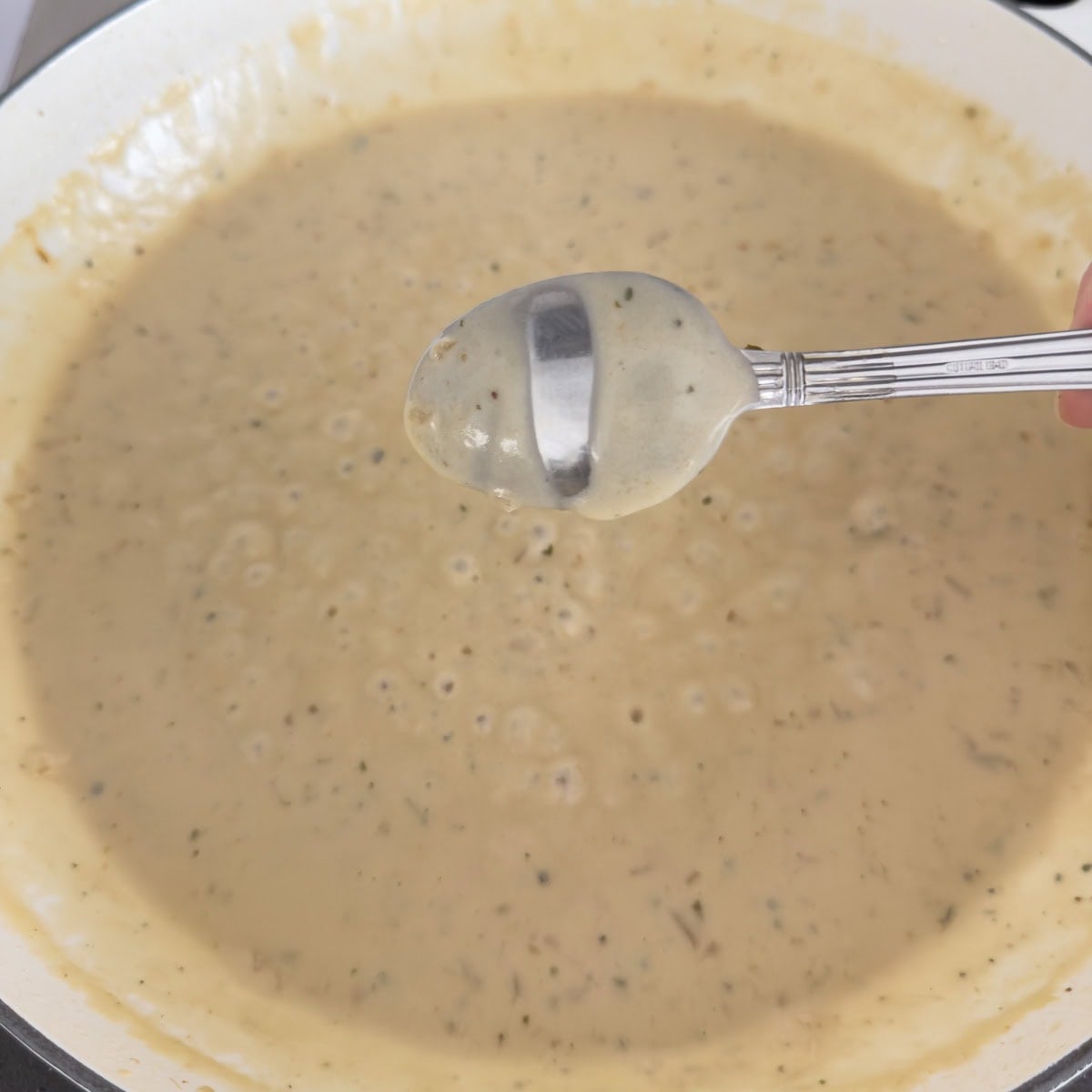 A finished creamy cheese sauce made with Boursin herbed cheese and a spoon. 