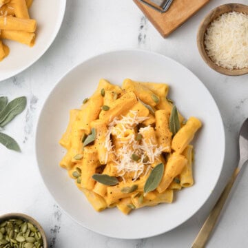 Creamy butternut squash pasta sauce on rigatoni pasta with sage, Parmesan, and pumpkin seeds.