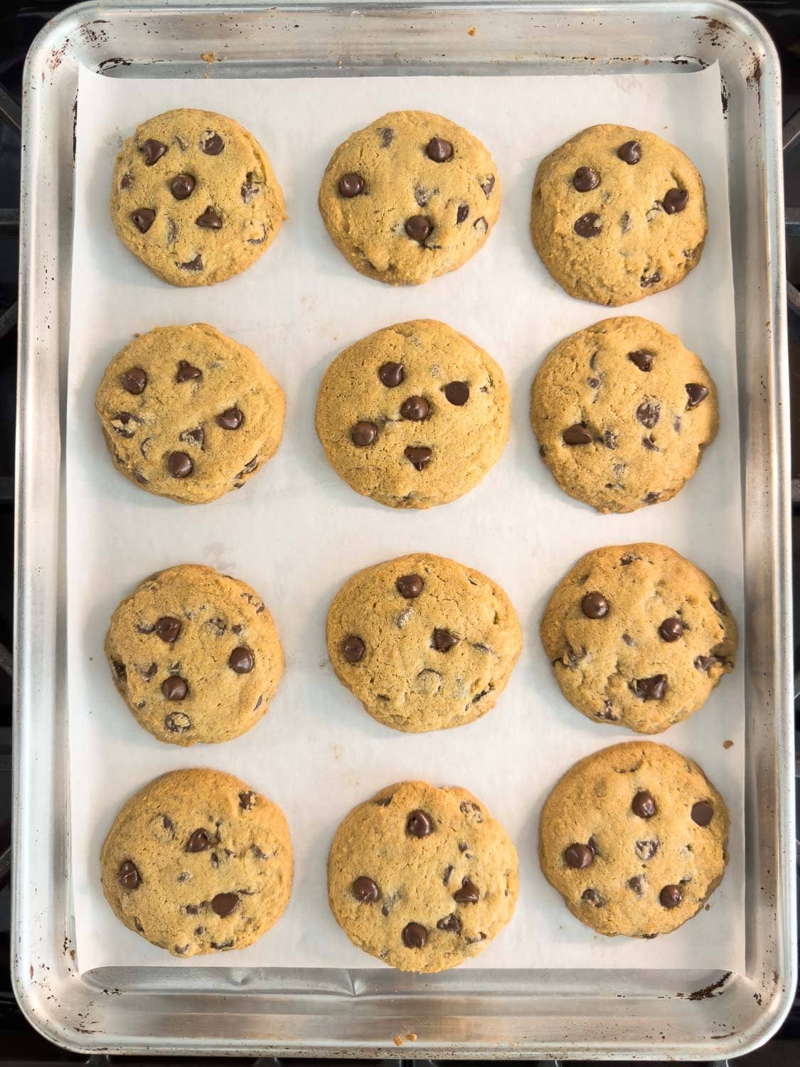 A dozen golden baked chocolate chip cookies cooling on the pan.