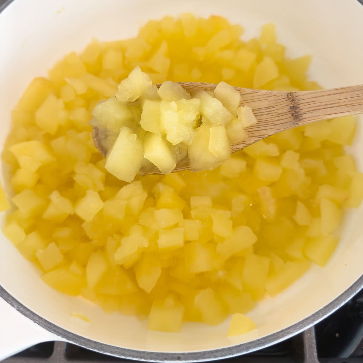 Cooked apples ready to puree for applesauce or leave chunky.